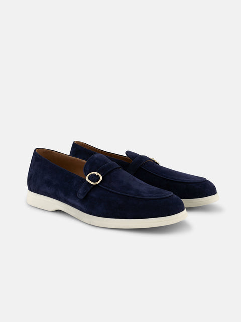 Gold Buckle Suede Loafers Navy