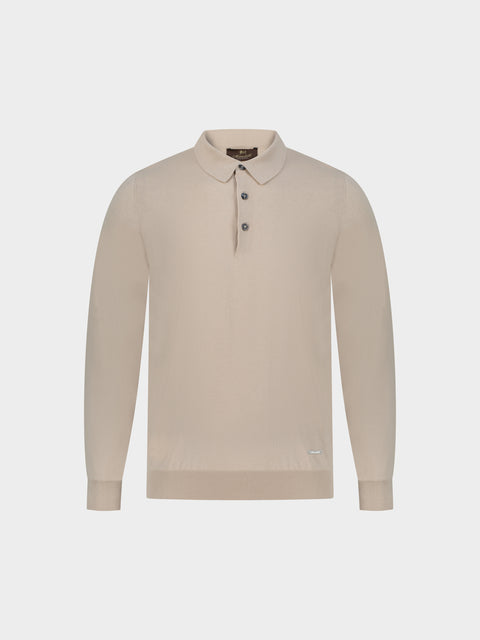 Cotton Long-Sleeve Polo in Sabbia