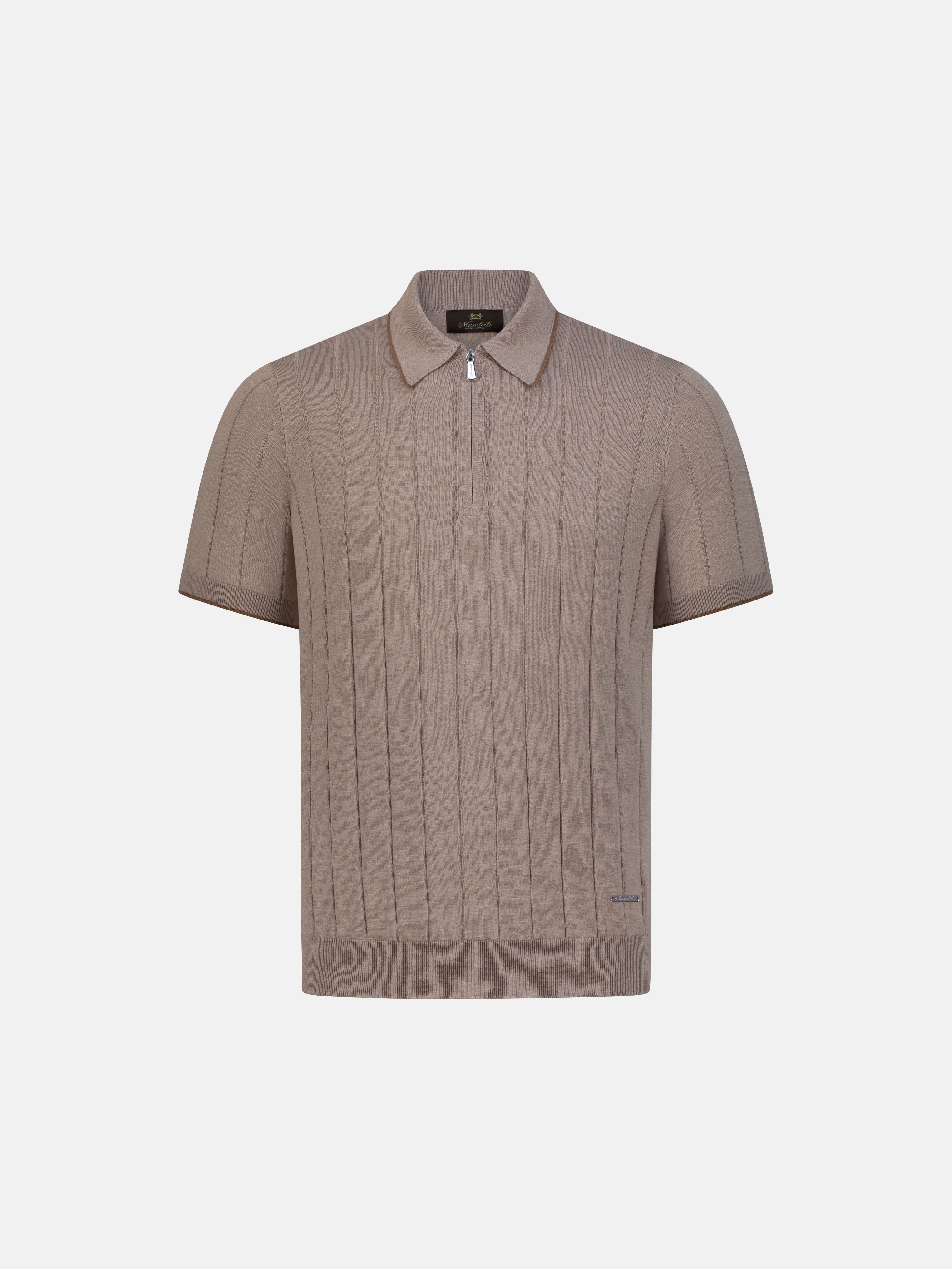 Brown short-sleeve polo shirt on a light gray background