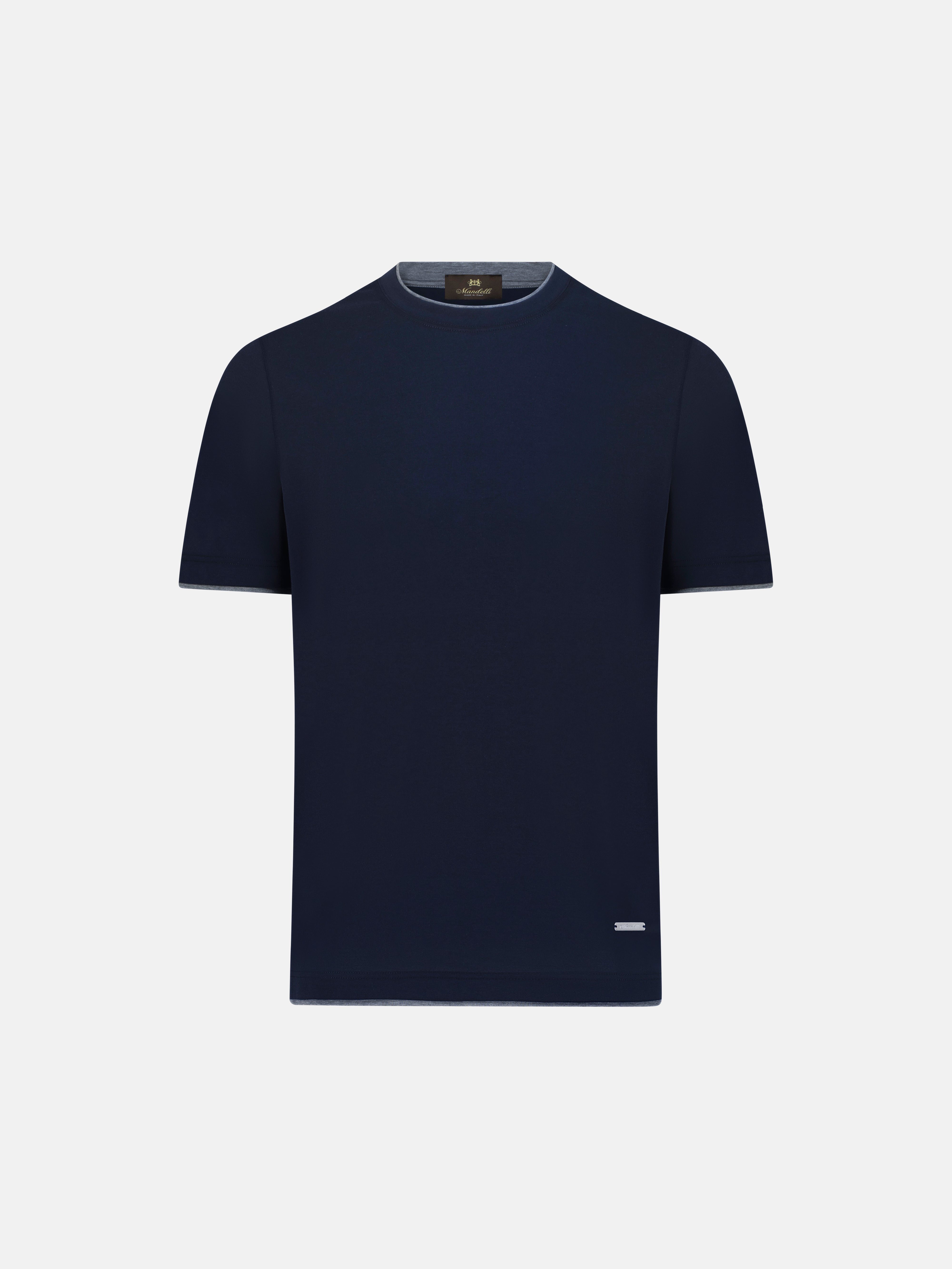 Navy blue t-shirt on a light gray background