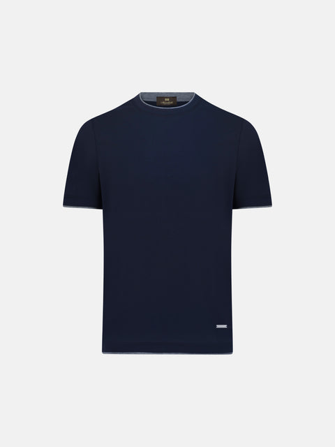 Navy blue t-shirt on a light gray background