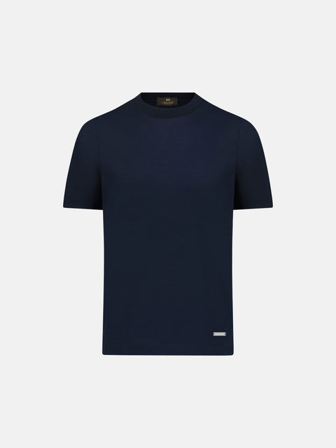 Navy blue t-shirt on a light gray background