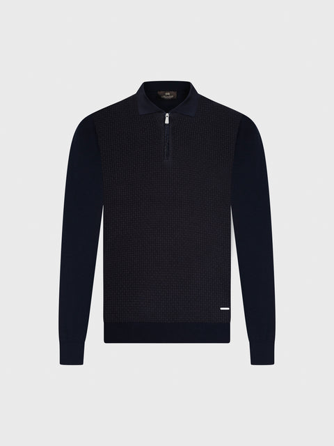 Zip Polo in Wool and Silk with Nubuck Crocodile Leather Details – Navy Blue