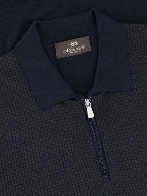 Zip Polo in Wool and Silk with Nubuck Crocodile Leather Details – Navy Blue