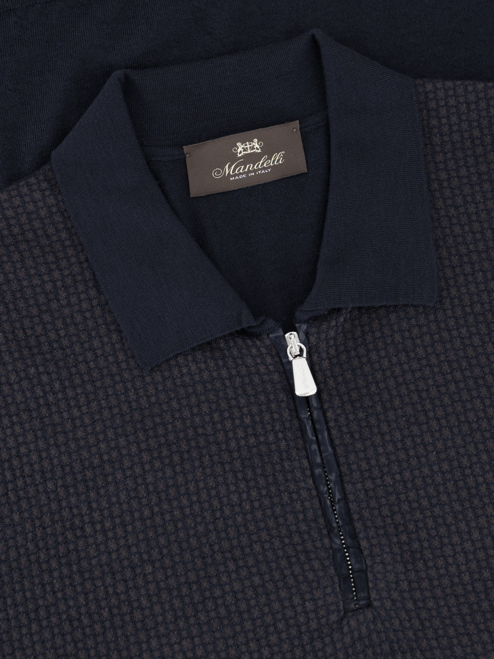 Zip Polo in Wool and Silk with Nubuck Crocodile Leather Details – Blu Notte
