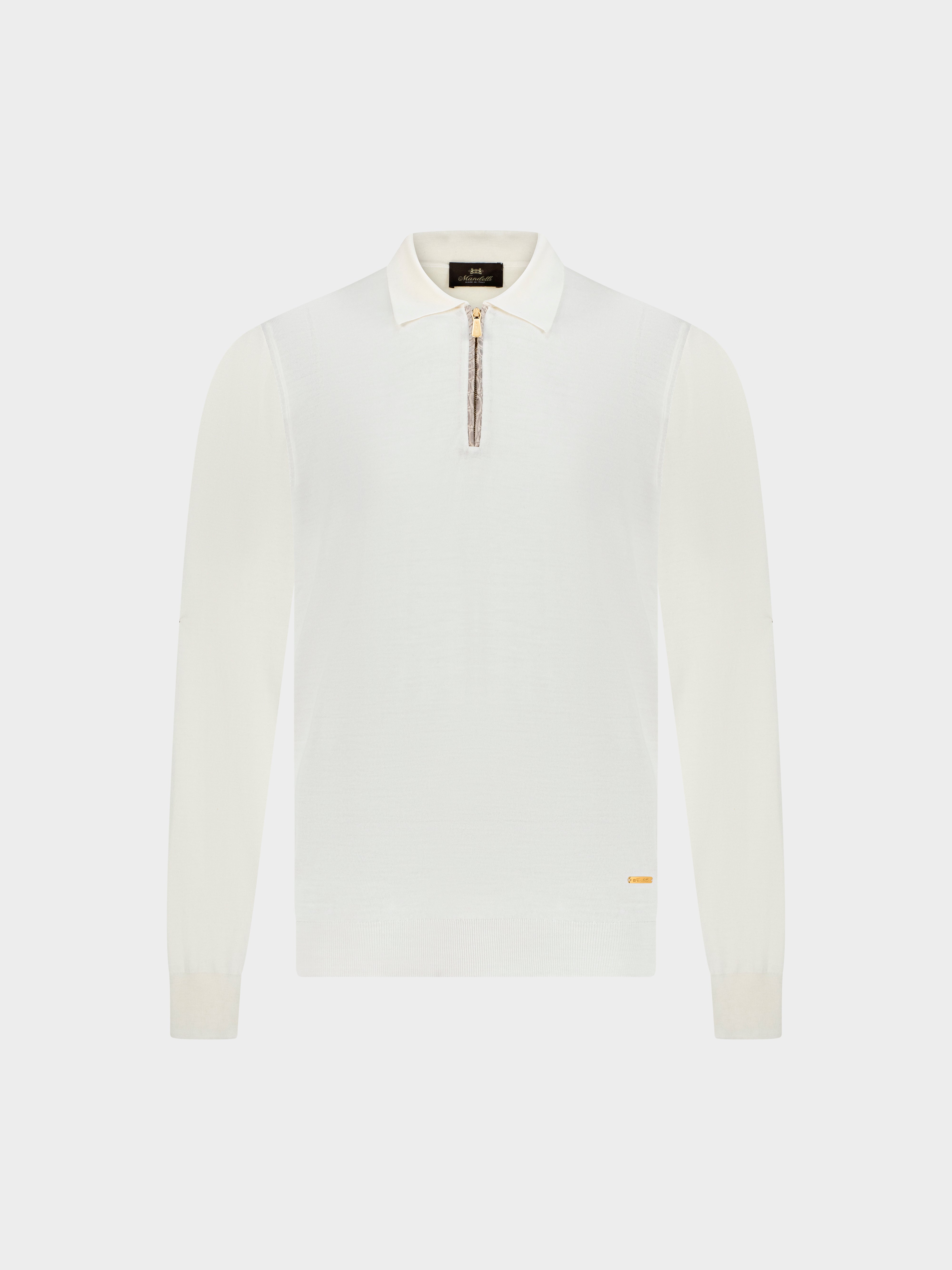 Zip polo collar with crocodile leather detailing – Bianco