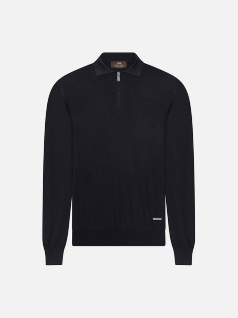Virgin Wool Zip Polo - Navy