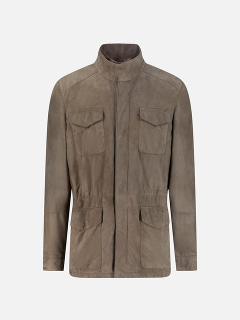 Baby Suede Field Jacket with Detachable Mink Collar — Beige