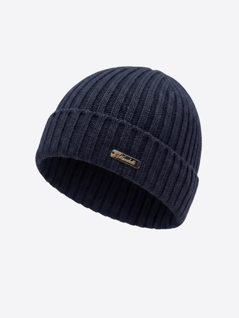 Pure Cashmere Ribbed Beanie- Deep Navy