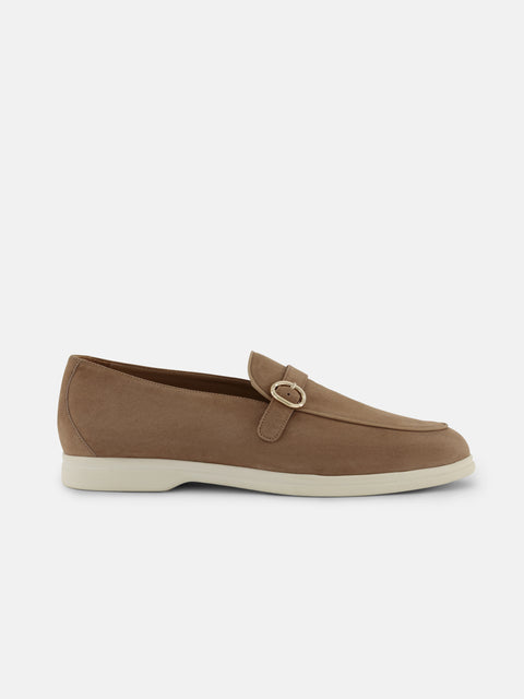 Gold Buckle Suede Loafers - Biscuit
