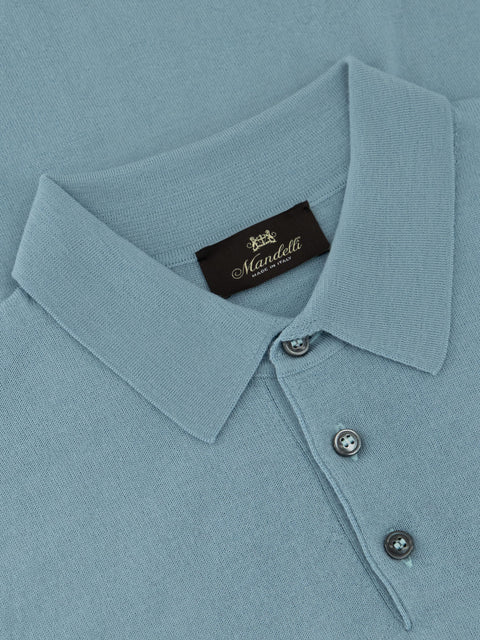 Mandelli Merino Wool Polo with Buttons — Pale Aqua, view 2