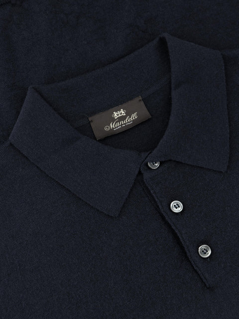 Mandelli Merino Wool Polo with Buttons — Dark Blue, view 2