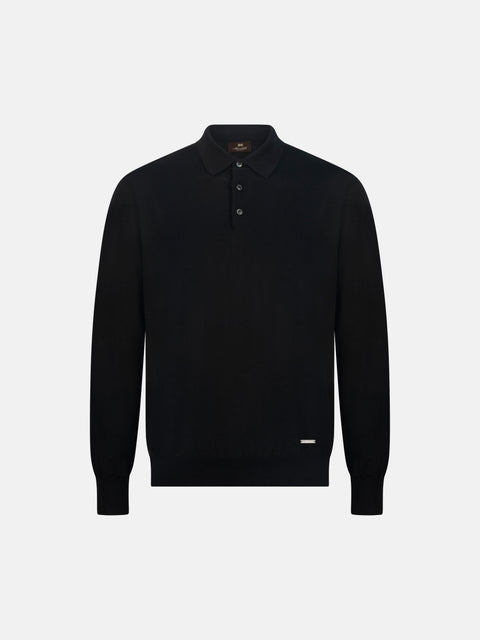 Mandelli Merino Wool Polo with Buttons — Black