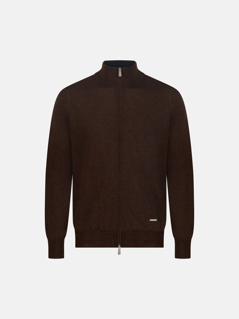 Mandelli Merino Wool Full-Zip Sweater — Brown