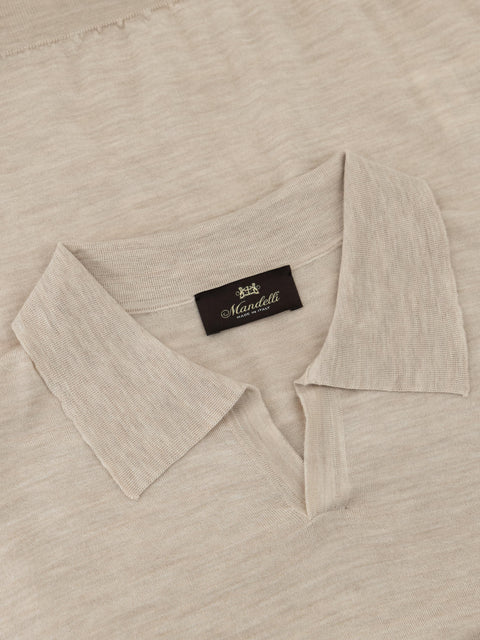 Mandelli Virgin Wool Long-Sleeve Buttonless Polo — Light Beige, view 2