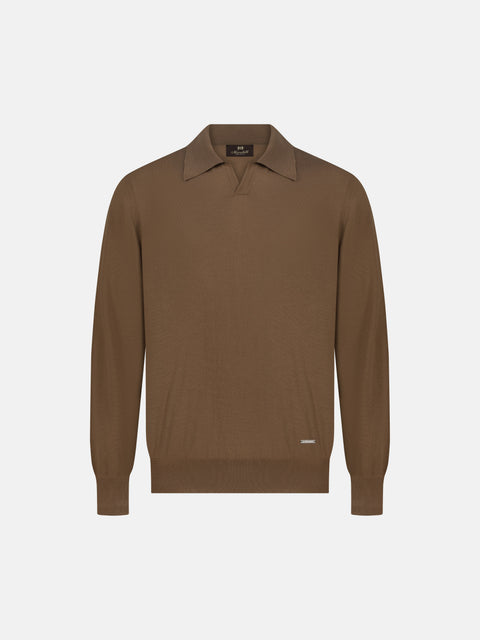 Mandelli Virgin Wool Long-Sleeve Buttonless Polo — Honey