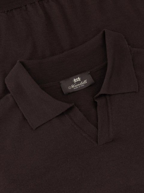 Mandelli Virgin Wool Long-Sleeve Buttonless Polo — Brown, view 2
