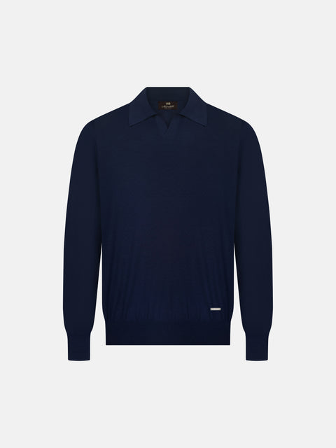 Mandelli Virgin Wool Long-Sleeve Buttonless Polo — Deep Blue