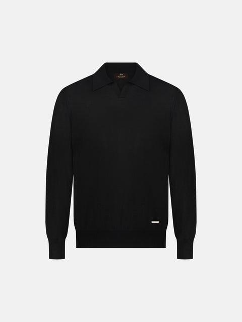 Mandelli Virgin Wool Long-Sleeve Buttonless Polo — Black