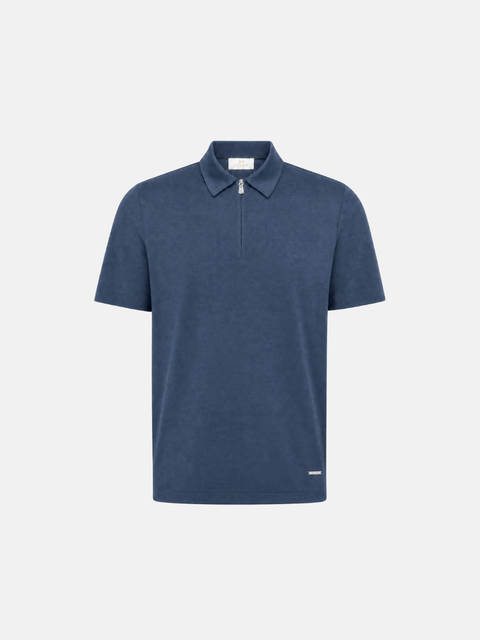 Cotton Knitted Zip Polo- Dark Blue