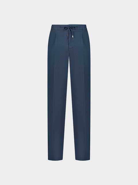 Linen & Cotton Drawstring Trousers in Blue