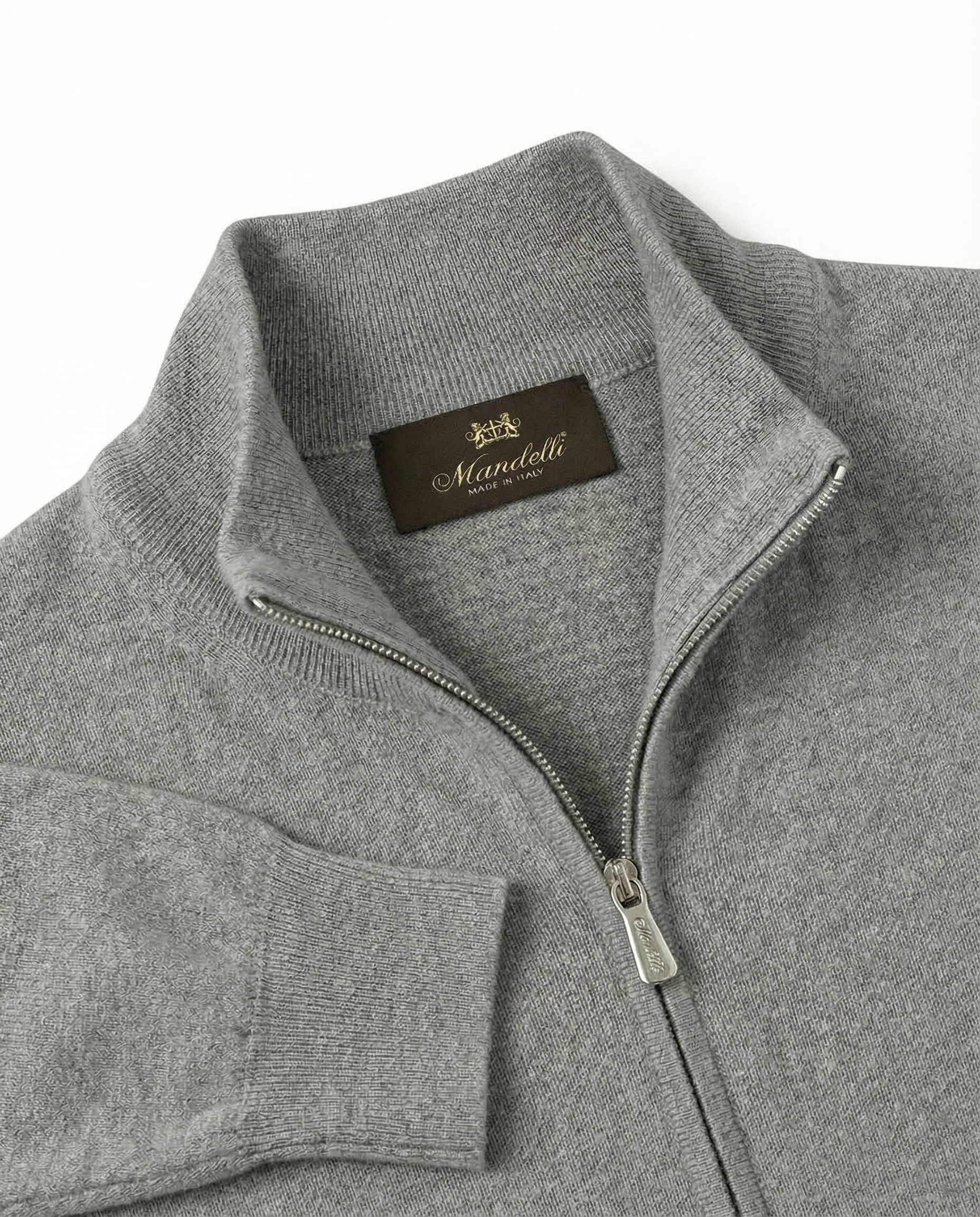 Wool & Cashmere Zip High-Neck Sweater- Grigio