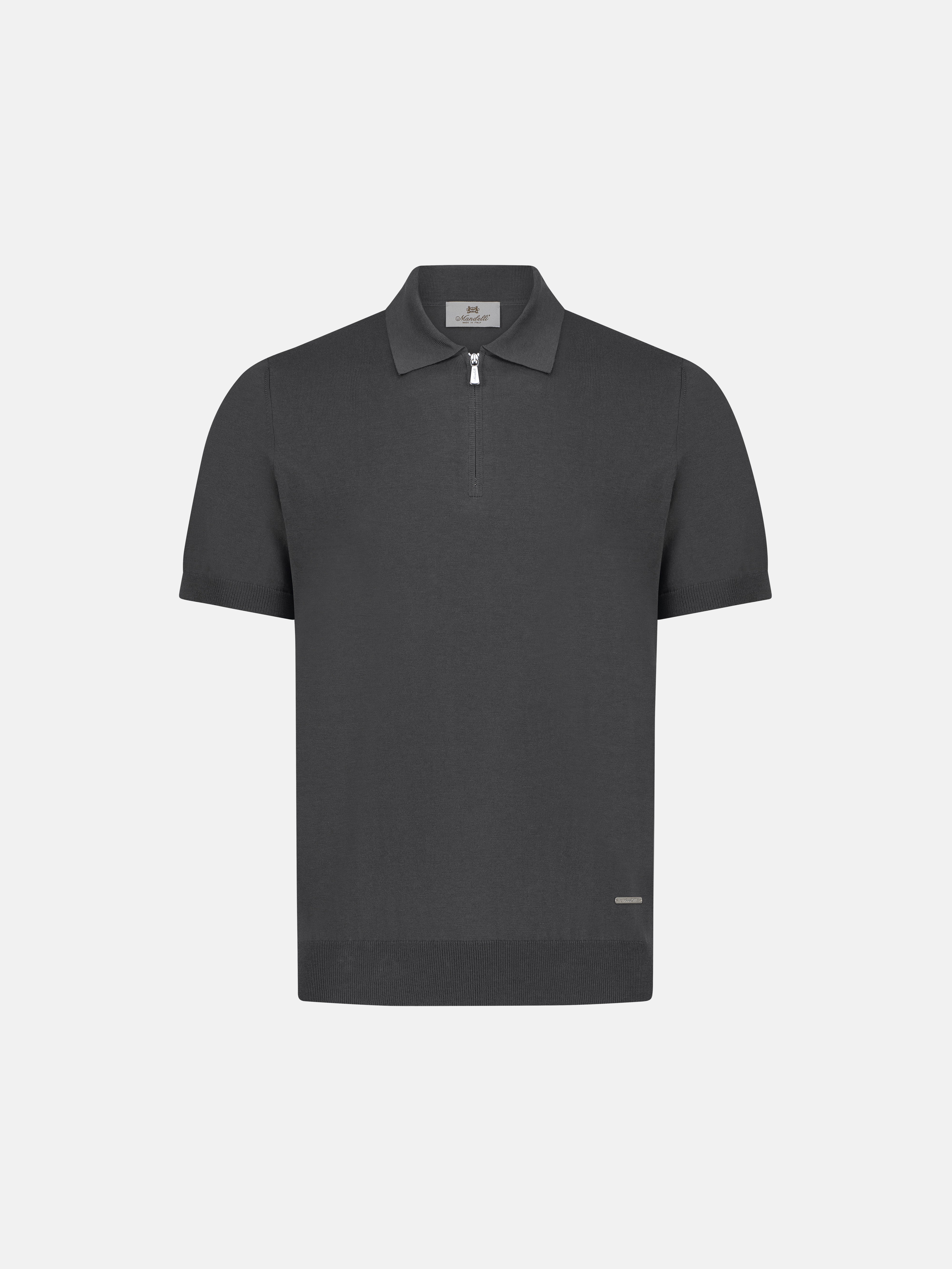 Silk & Cotton Knitted Polo with Zip – Grigio
