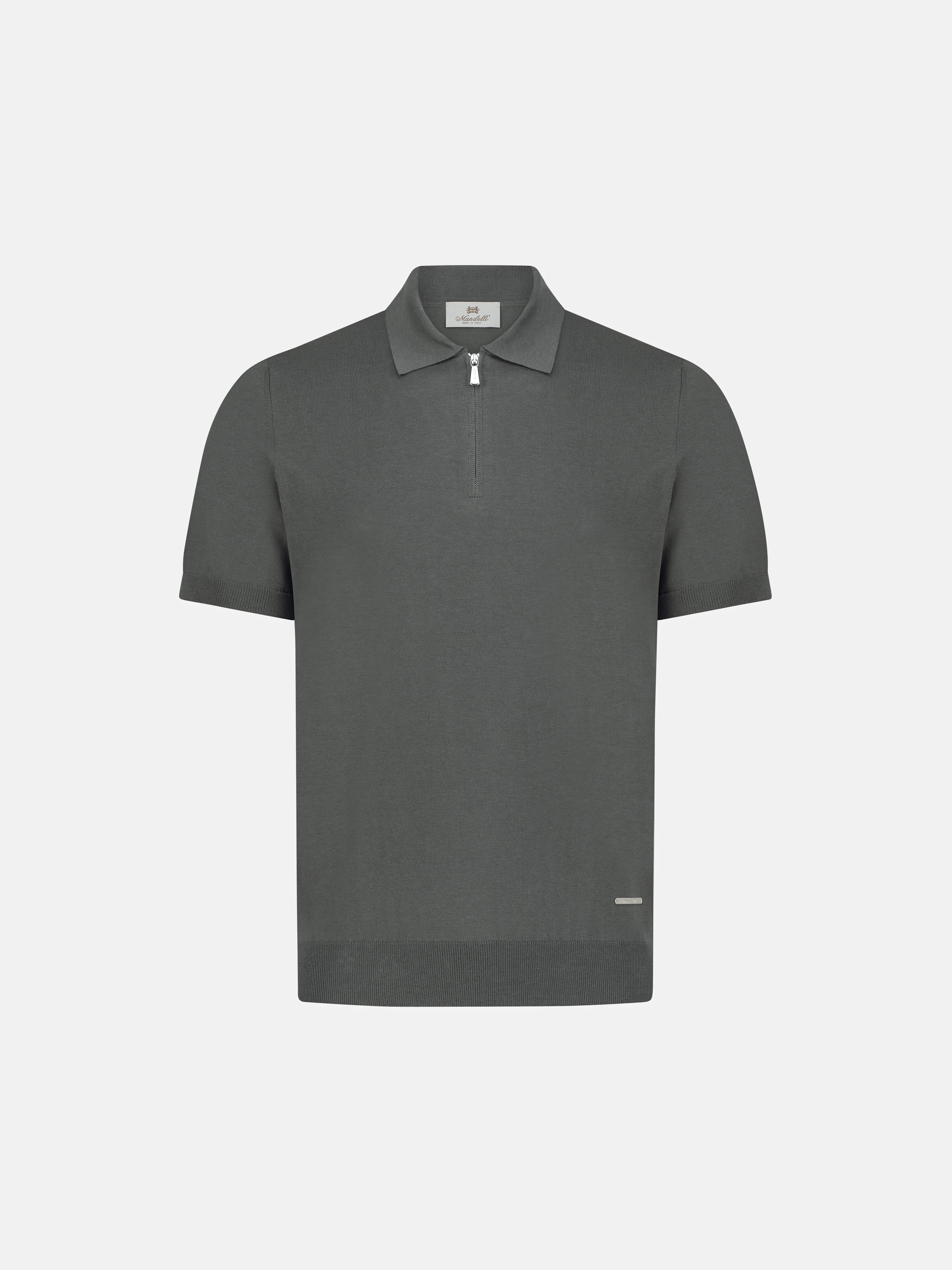 Silk & Cotton Knitted Polo with Zip – Dark Gray