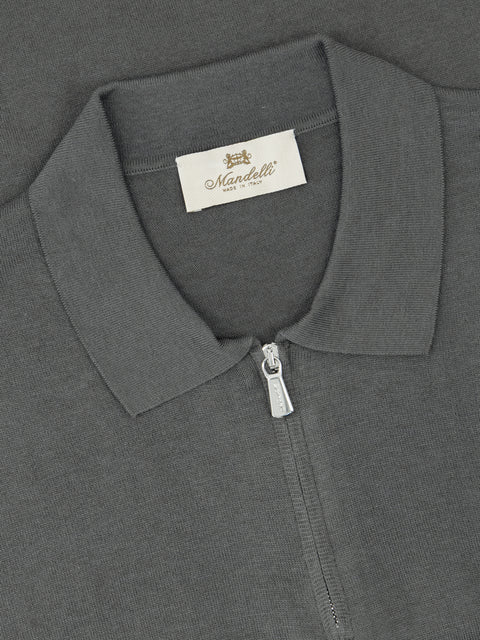 Silk & Cotton Knitted Polo with Zip – Deep Grey