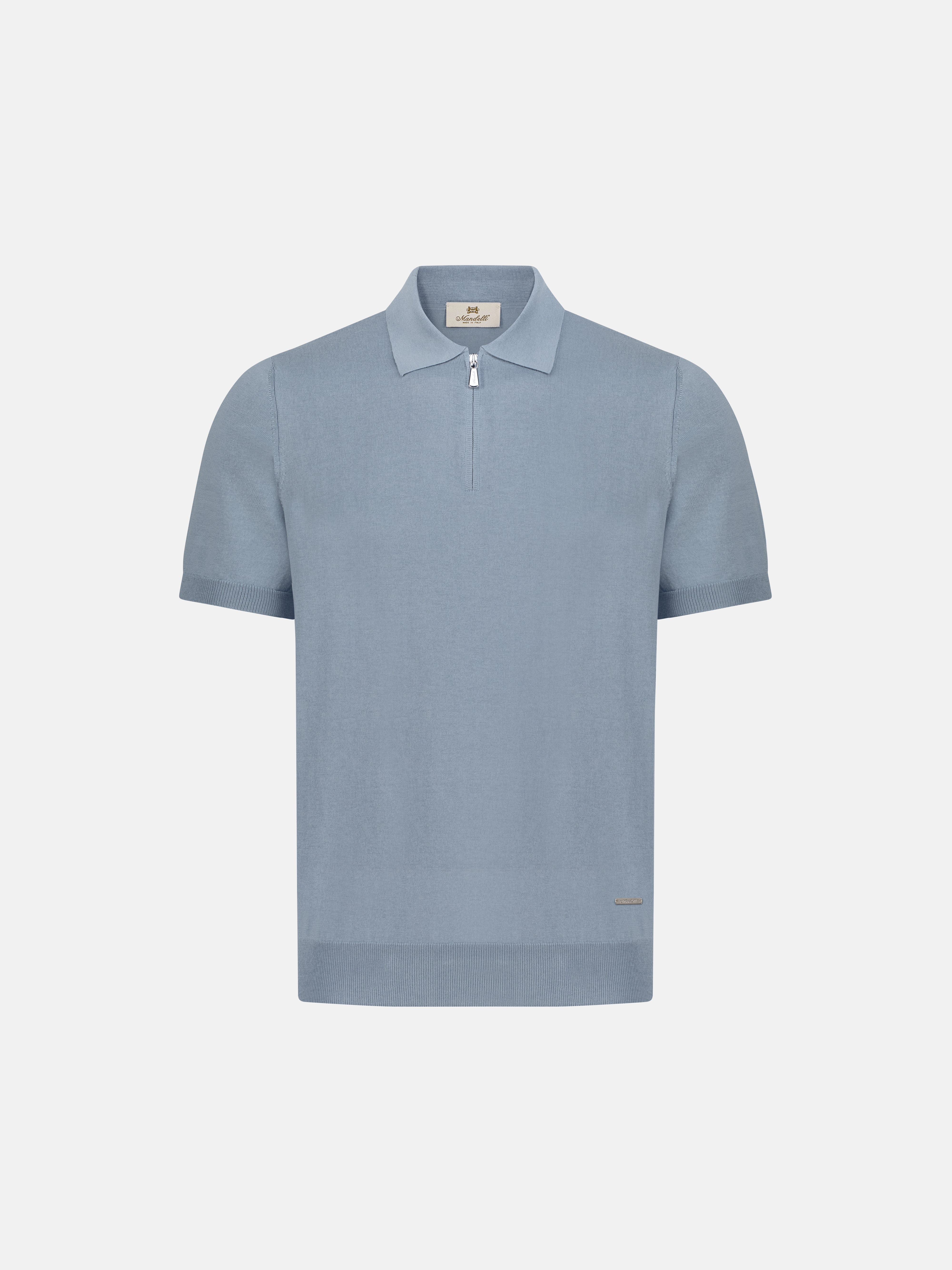 Silk & Cotton Knitted Polo with Zip – Blu Chiaro