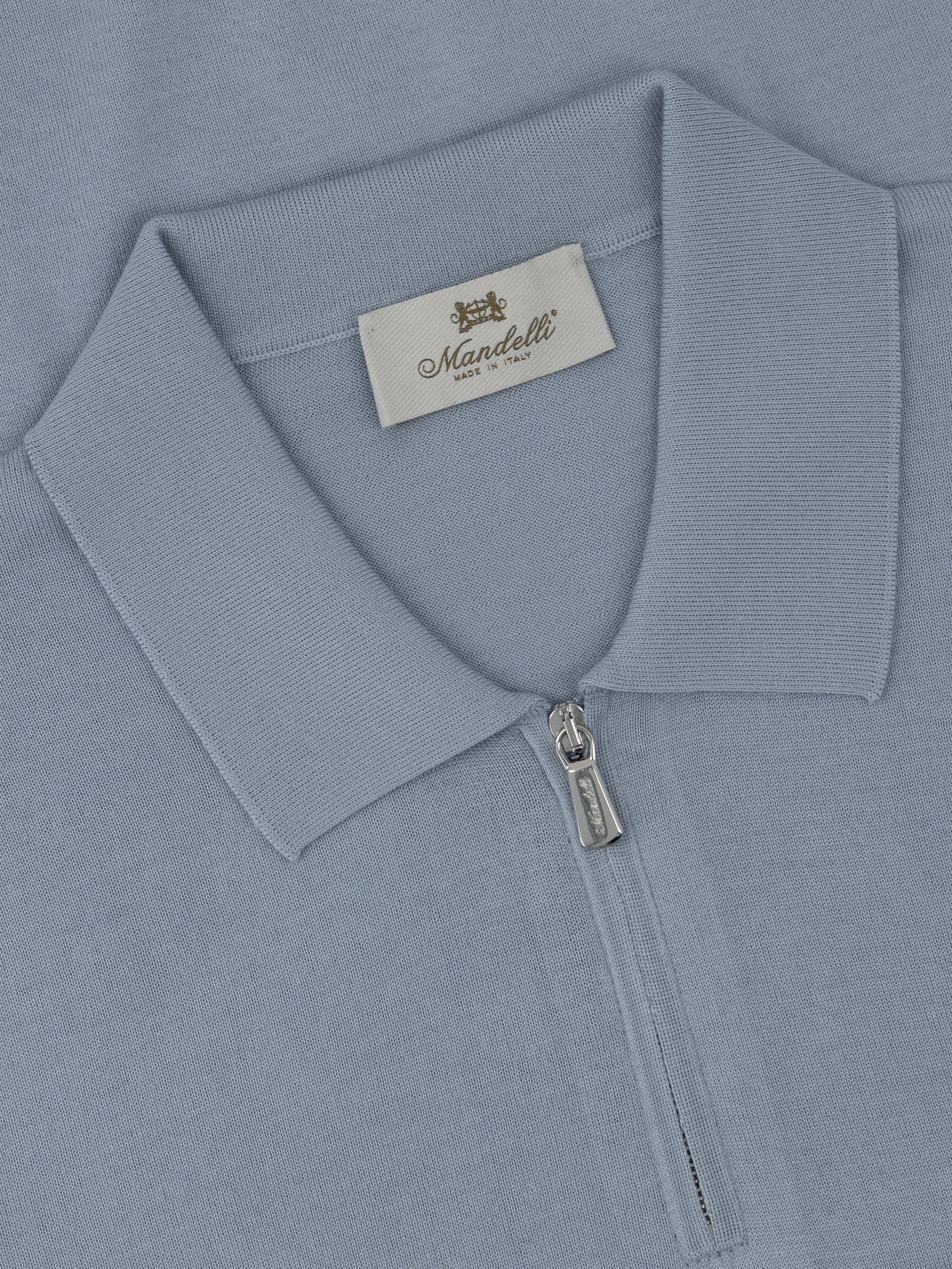 Silk & Cotton Knitted Polo with Zip – Blu Chiaro