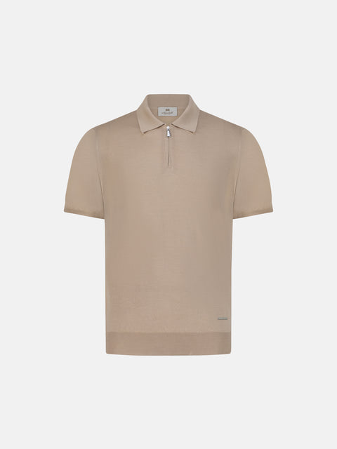 Wool & Silk Knitted Polo with Zip – Beige