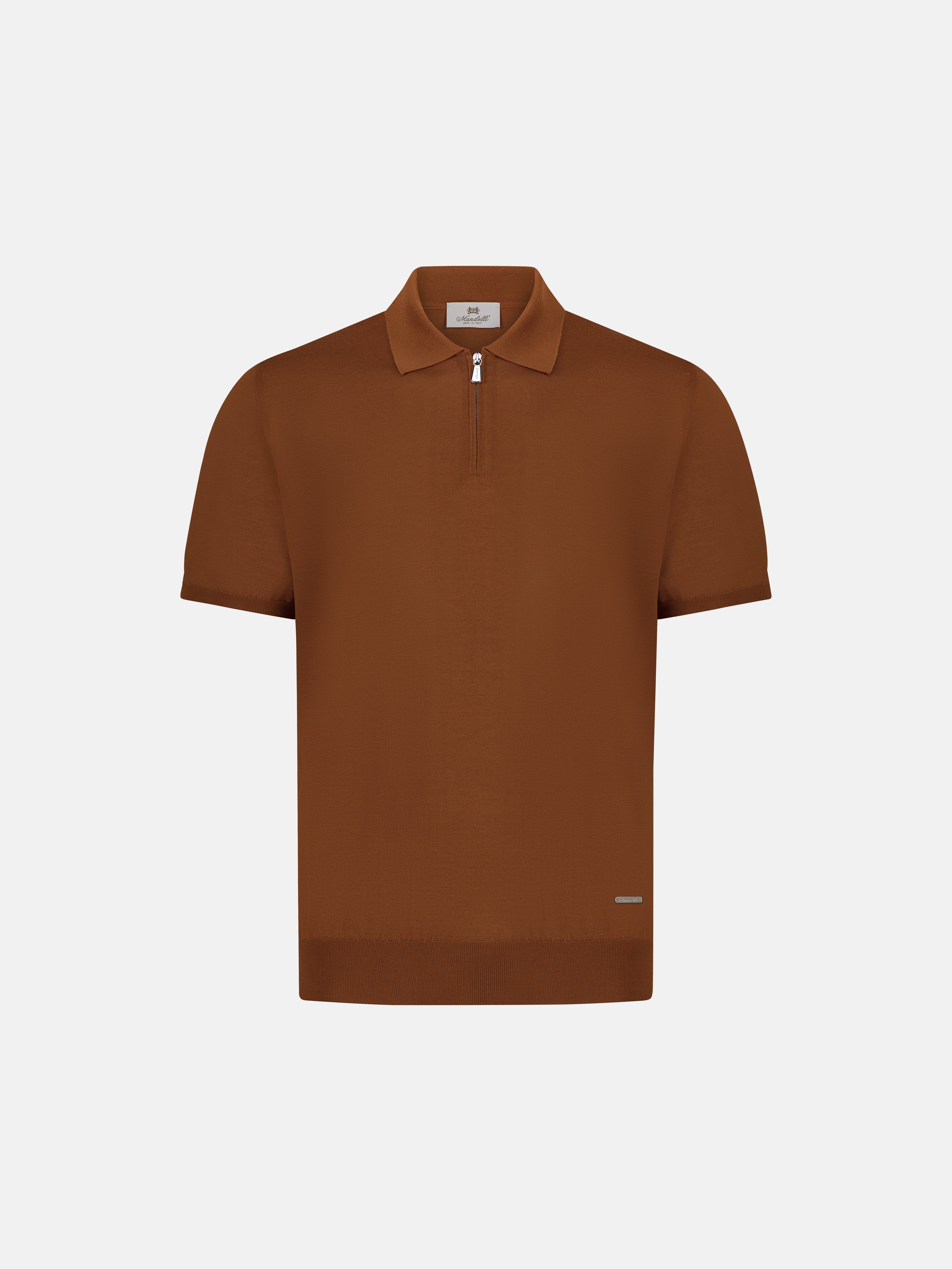 Silk & Cotton Knitted Polo with Zip – Marrone Chiaro