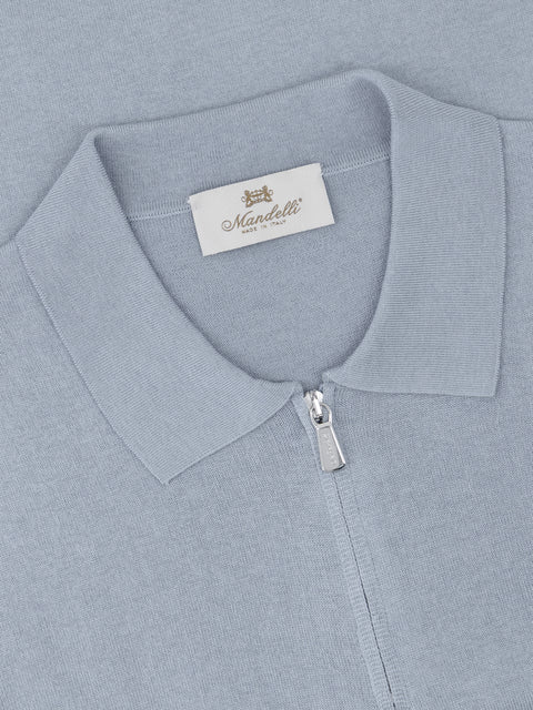 Knitted Polo in Wool & Silk with Zip – Light Blue