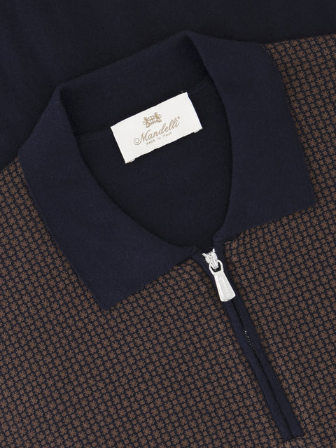 Cotton & Silk Knitted Polo with Zip – Blue / Brown