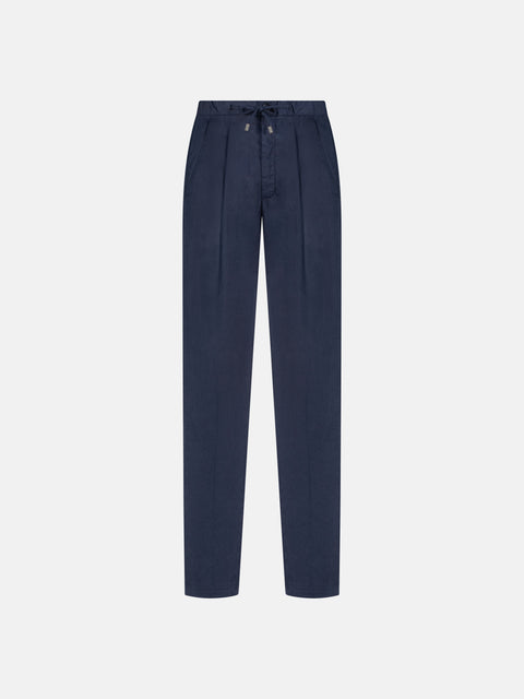 Linen Blend Drawstring Trousers - Deep Blue