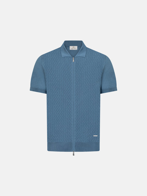 Silk Cotton Knitted Full Zip Polo-Grey Green
