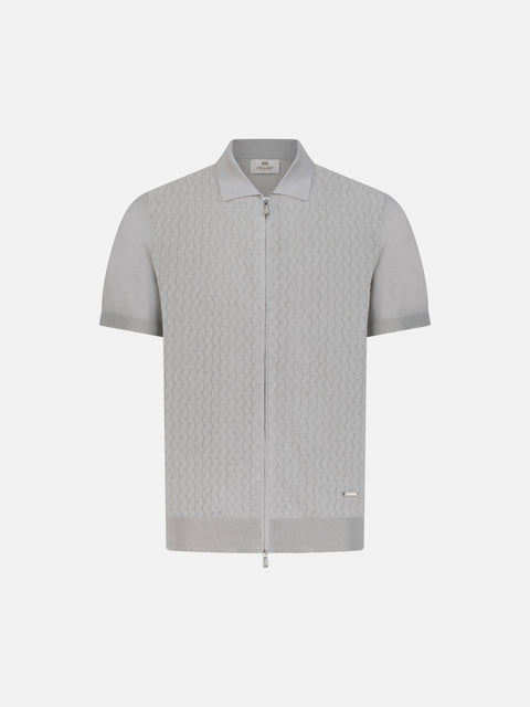 Silk Cotton Knitted Full Zip Polo - Grey