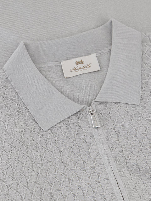 Silk Cotton Knitted Full Zip Polo - Grey