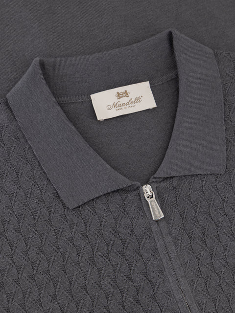Silk Cotton Knitted Full Zip Polo- Deep Grey
