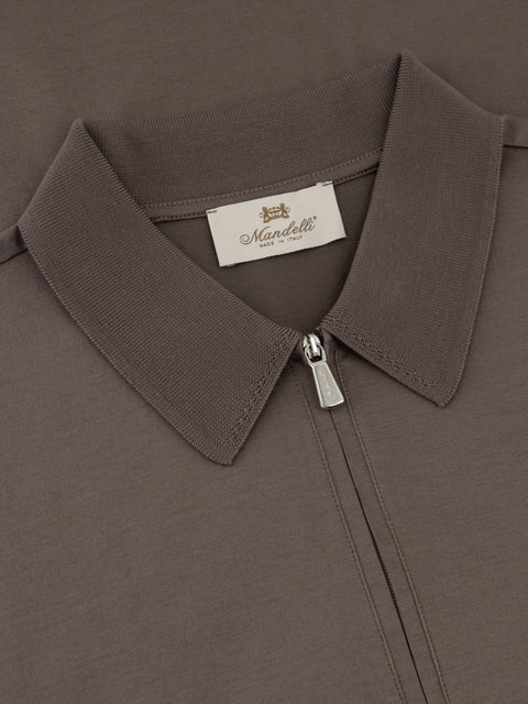 Cotton Knitted Zip Polo-Taupe
