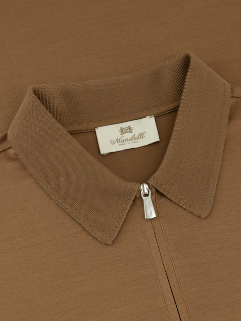 Cotton Knitted Zip Polo- Miele