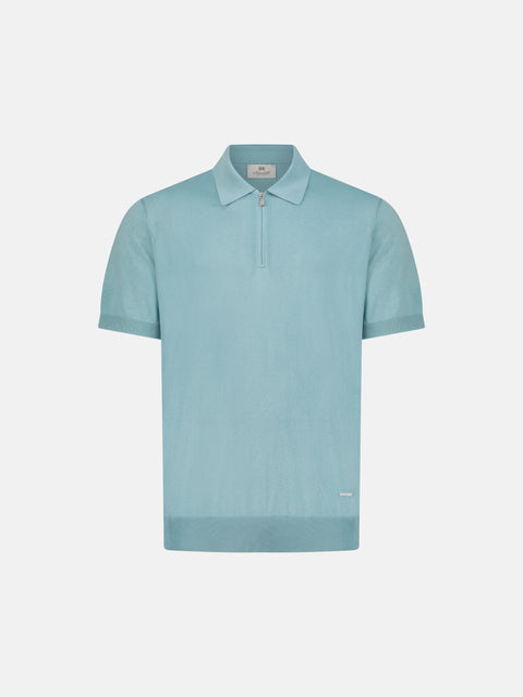 Pure Silk Knitted Zip Polo- Glacier Blue