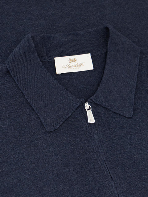 Pure Silk Knitted Zip Polo- Blue