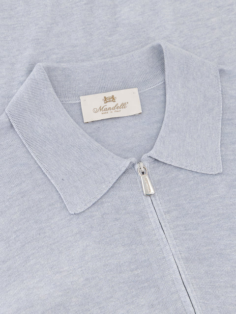 Pure Silk Knitted Zip Polo- Medium Grey