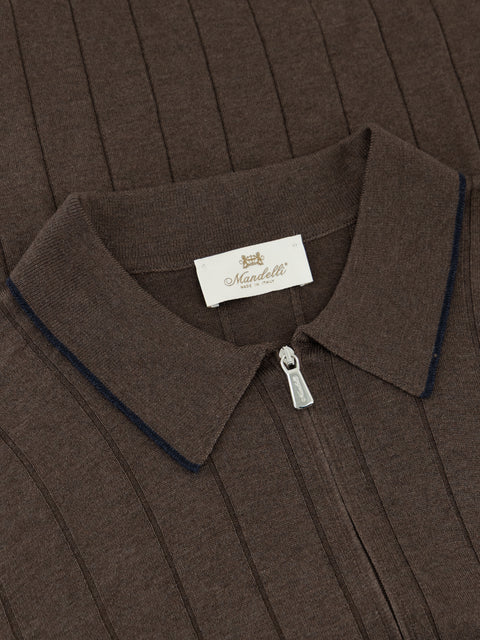 Pure Silk Ribbed Zip Polo- Brown