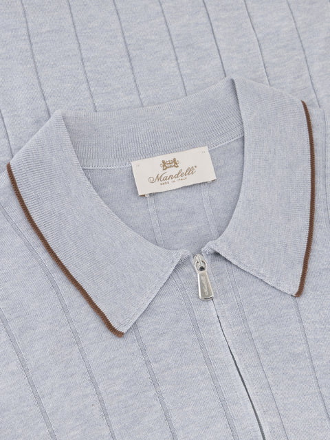 Pure Silk Ribbed Zip Polo- Medium Grey