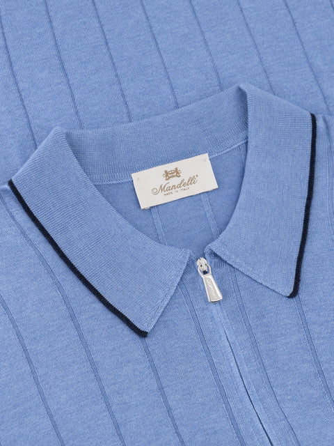 Pure Silk Ribbed Zip Polo- Sky Blue