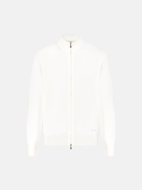 Wool Silk Full-Zip Knit Jacket- White