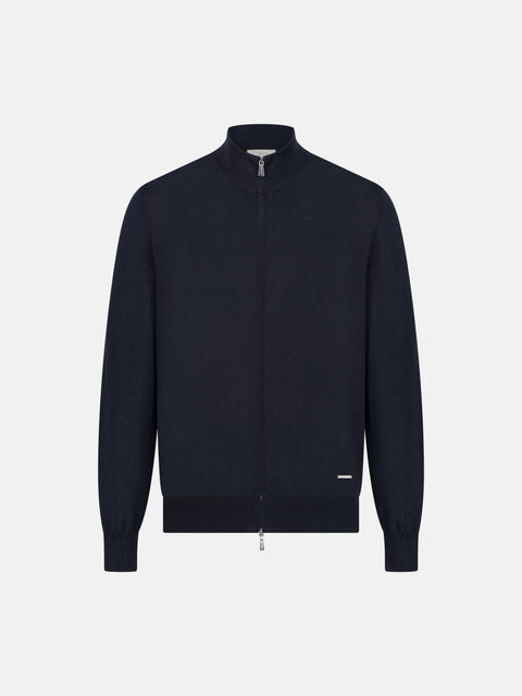 Wool Silk Full Zip Knit Jacket-Navy Blue